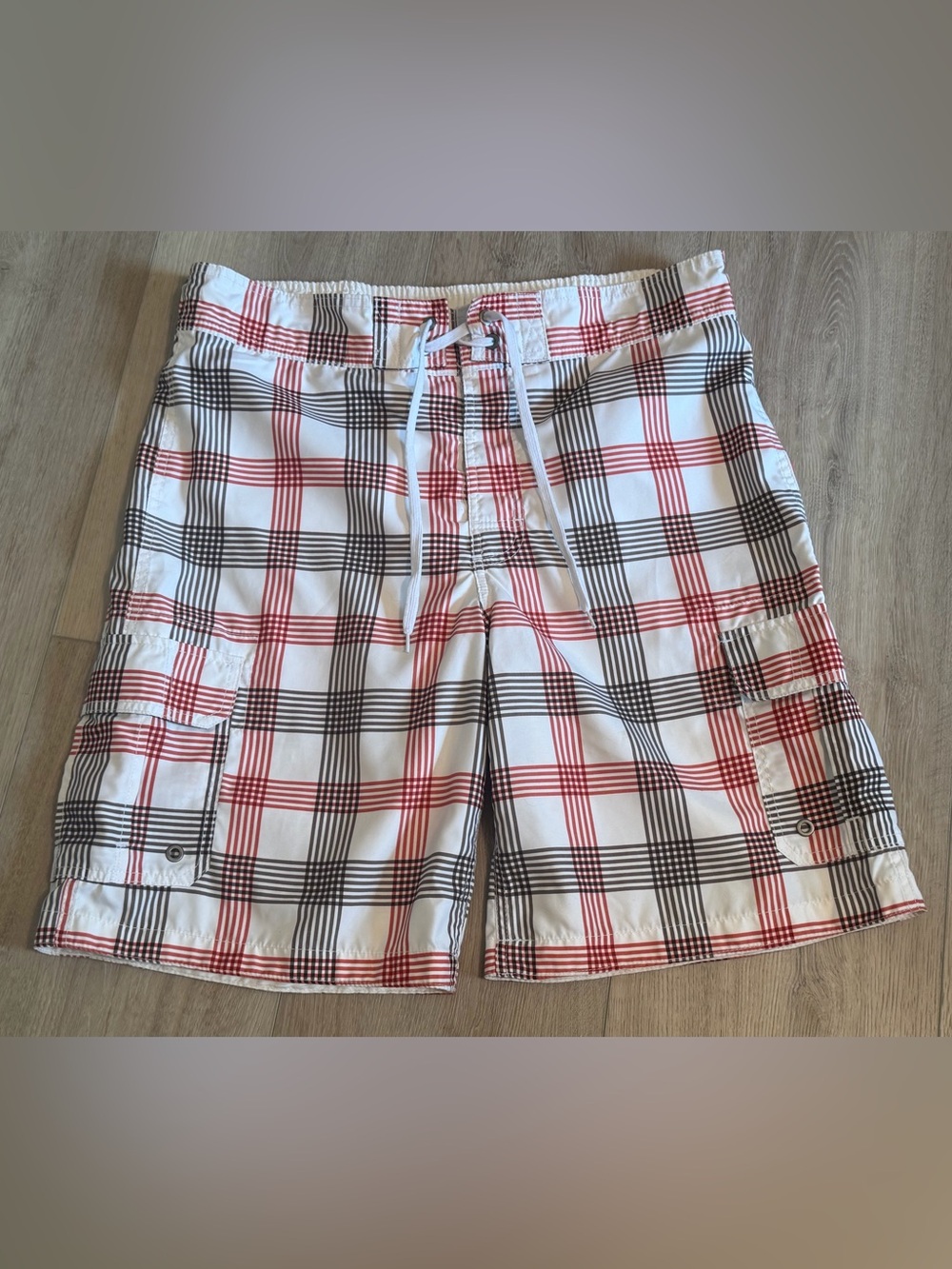 Merona White Plaid Swim Shorts with Red and Black Checks M